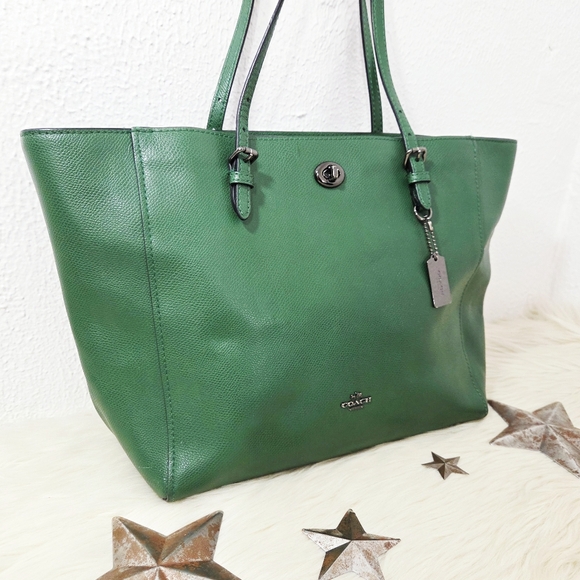 Coach Turnlock Tote Bag Emerald Green Crossgrain Leather Gunmetal Large - Picture 3 of 14